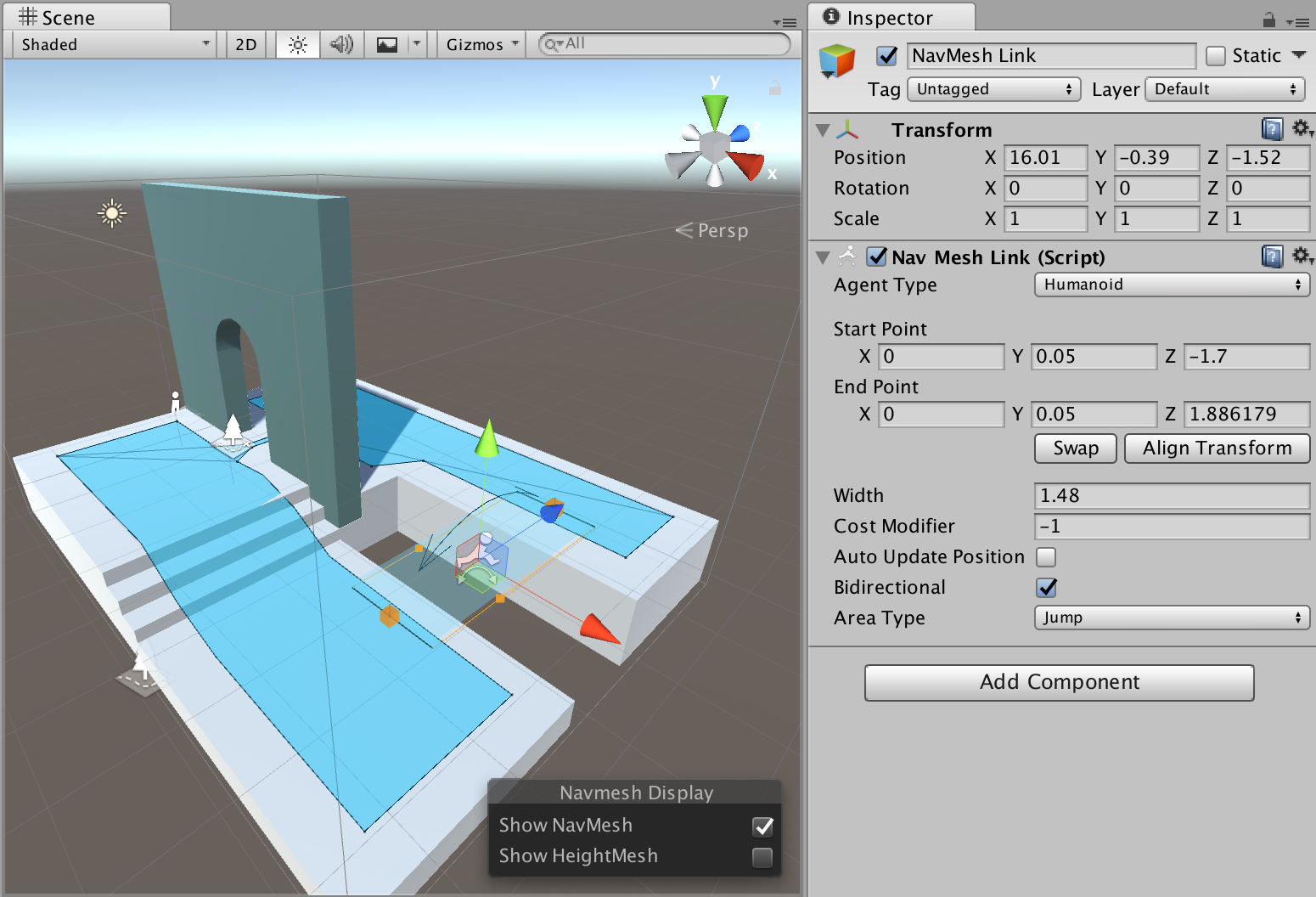 A NavMesh Link component open in the Inspector window NavMeshLink example