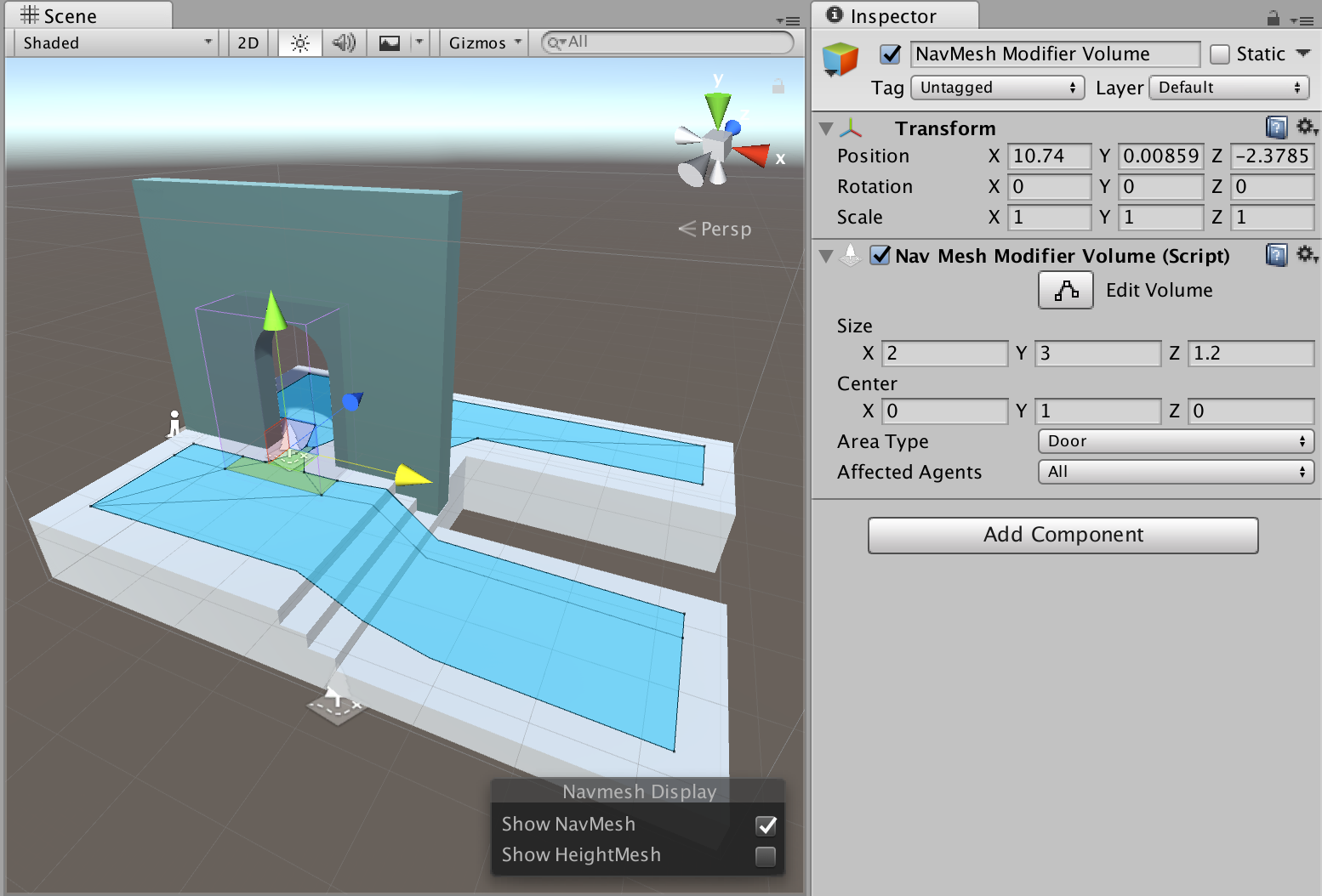 A NavMesh Modifier Volume component open in the Inspector NavMeshModifierVolume example