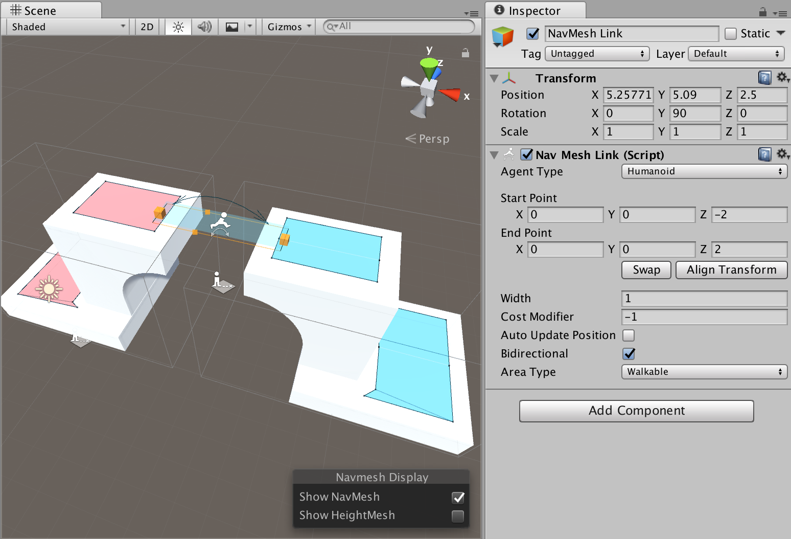 In this image, the blue and red NavMeshes are defined in two different NavMesh Surfaces and connected by a NavMesh Link Connecting surfaces example